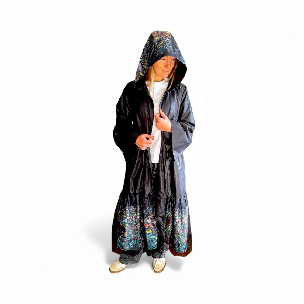 European Designed Brand Floral Black Hooded Women's Coat